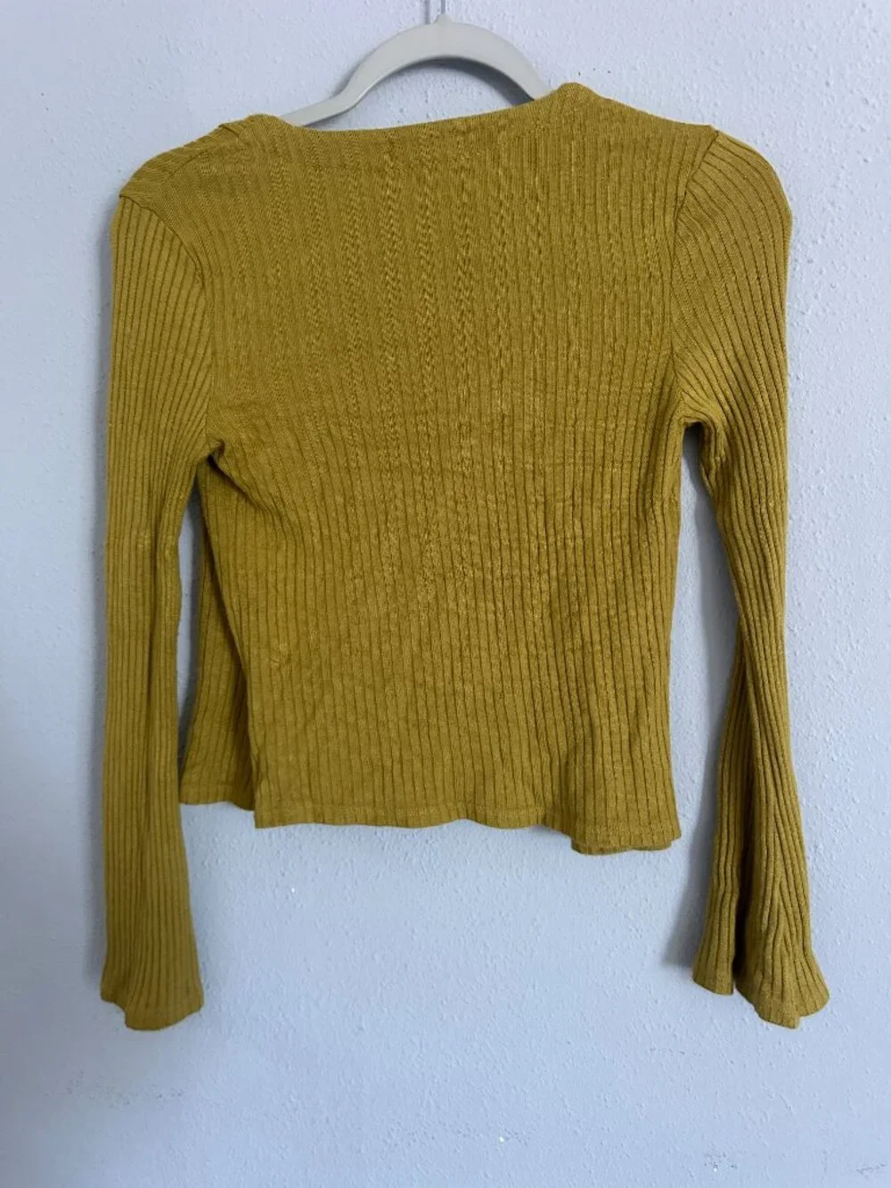 Reformation Ribbed Cropped Cardigan Top S Mustard Yellow Modal Knit Long Sleeve